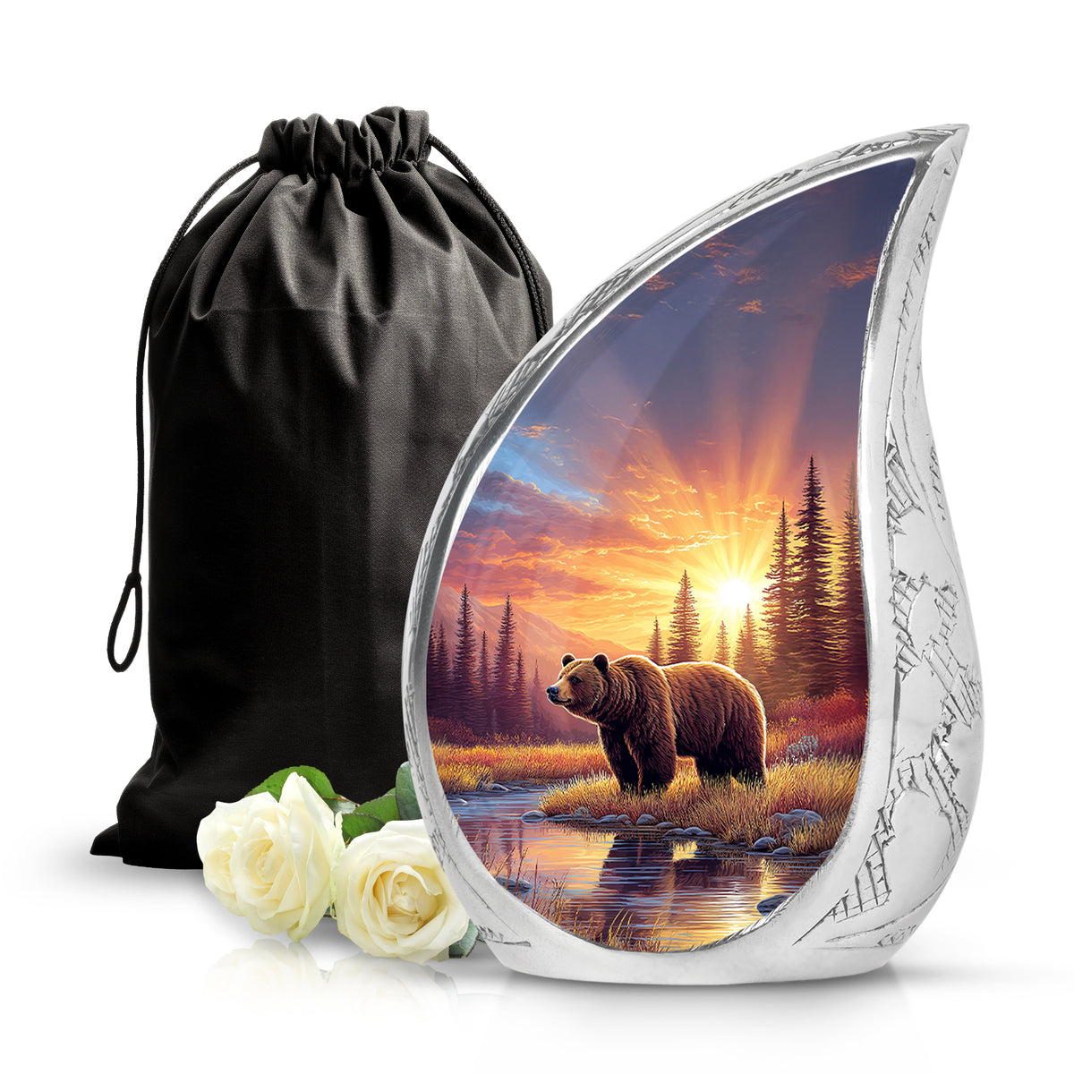 Cherry Red Bear Cremation Urn front view showing detailed design - smooth teardrop contour featuring bear art - full-size 10 inch 200 cubic inch adult cremation urn