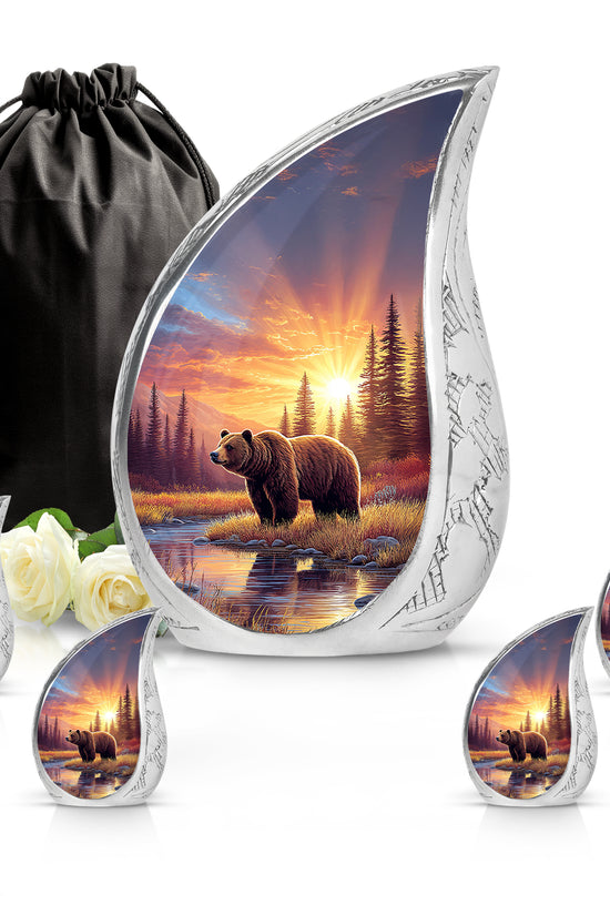 Cherry Red Bear Cremation Urn side profile showing urn shape - smooth teardrop contour featuring bear art - memorial set with one large and four small urns