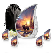 Cherry Red Bear Cremation Urn side profile showing urn shape - smooth teardrop contour featuring bear art - memorial set with one large and four small urns
