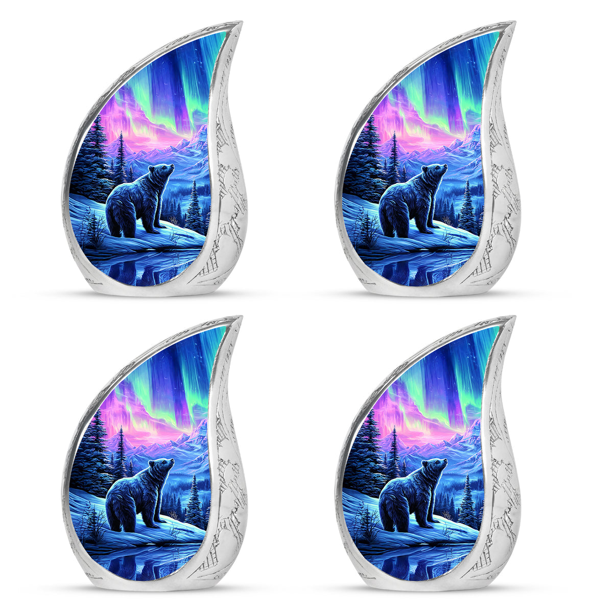 Grape Purple Bear Cremation Urn close-up of engraving and surface detail - smooth teardrop contour featuring bear art - 10 inch aluminum urn for cremated remains