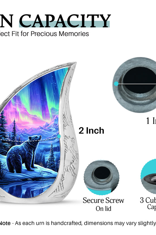 Violet Purple Bear Cremation Urn angled view of lid and engraved motif - graceful tear-shaped urn with bear motif - mini keepsake memorial for portion of cremation ashes