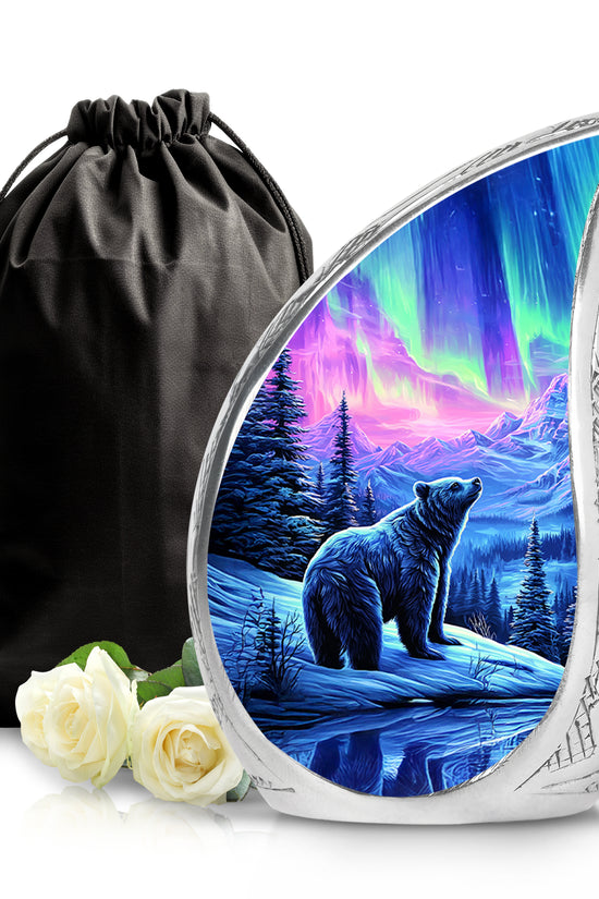 Orchid Purple Bear Cremation Urn front view showing detailed design - flowing teardrop bear silhouette on curved aluminum - full-size 10 inch 200 cubic inch adult cremation urn