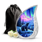 Orchid Purple Bear Cremation Urn front view showing detailed design - flowing teardrop bear silhouette on curved aluminum - full-size 10 inch 200 cubic inch adult cremation urn