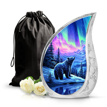 Orchid Purple Bear Cremation Urn front view showing detailed design - flowing teardrop bear silhouette on curved aluminum - full-size 10 inch 200 cubic inch adult cremation urn