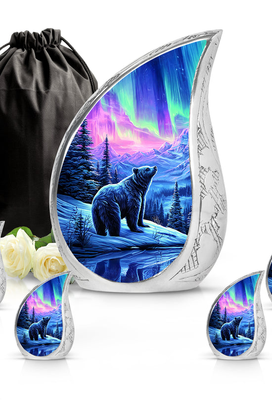 Majestic Purple Bear Cremation Urn side profile showing urn shape - flowing teardrop bear silhouette on curved aluminum - memorial set with one large and four small urns