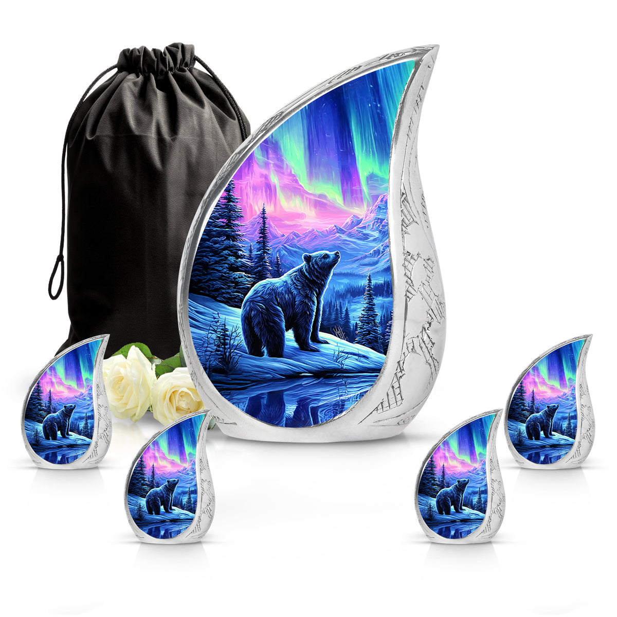 Majestic Purple Bear Cremation Urn side profile showing urn shape - flowing teardrop bear silhouette on curved aluminum - memorial set with one large and four small urns