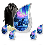 Majestic Purple Bear Cremation Urn side profile showing urn shape - flowing teardrop bear silhouette on curved aluminum - memorial set with one large and four small urns