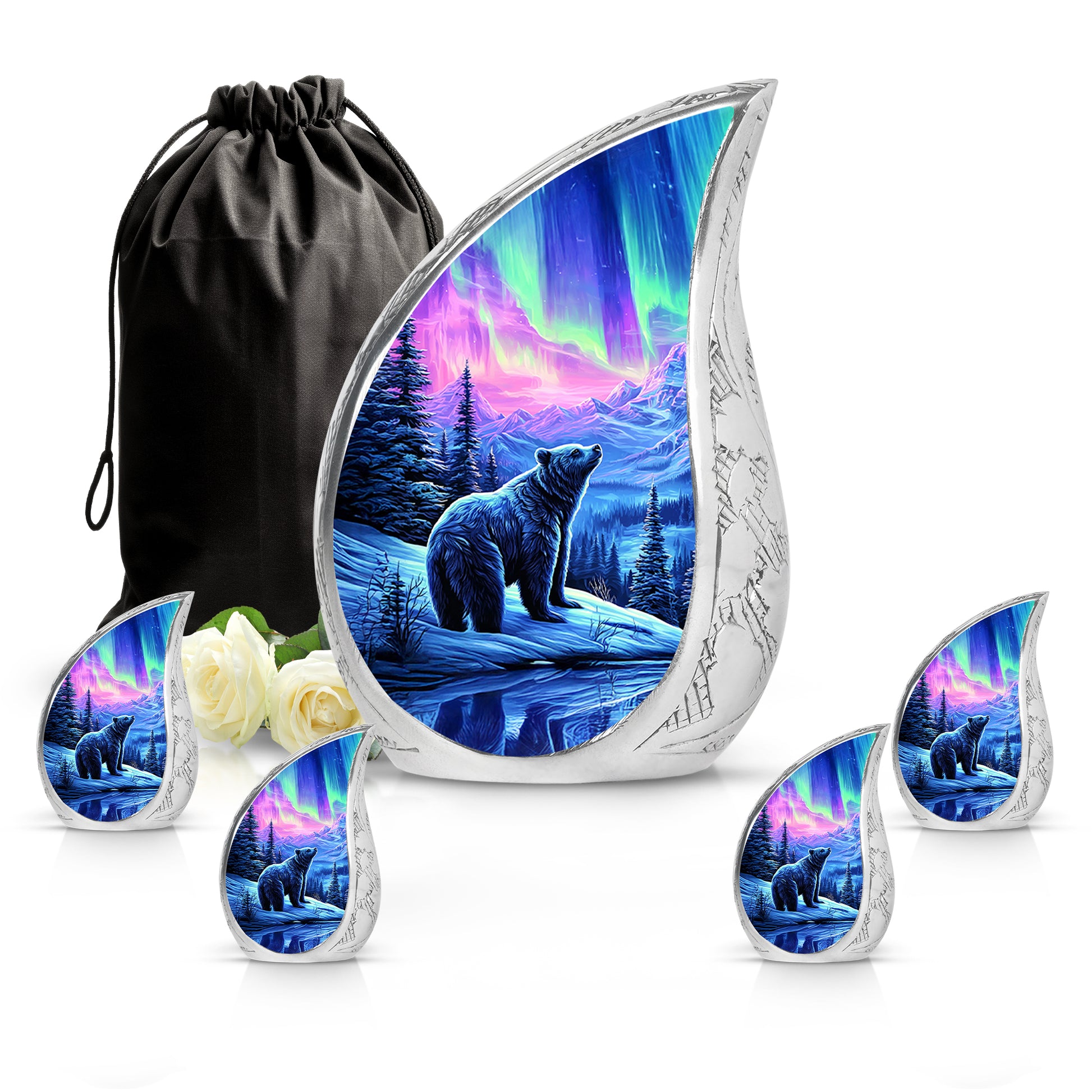 Majestic Purple Bear Cremation Urn side profile showing urn shape - flowing teardrop bear silhouette on curved aluminum - memorial set with one large and four small urns