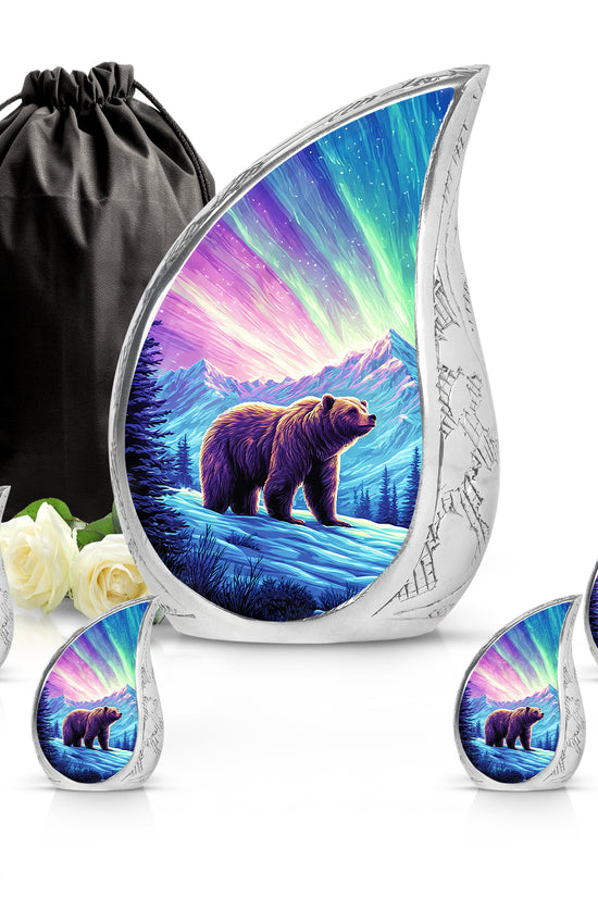 Vintage Pink Bear Cremation Urn side profile showing urn shape - smooth teardrop contour featuring bear art - memorial set with one large and four small urns