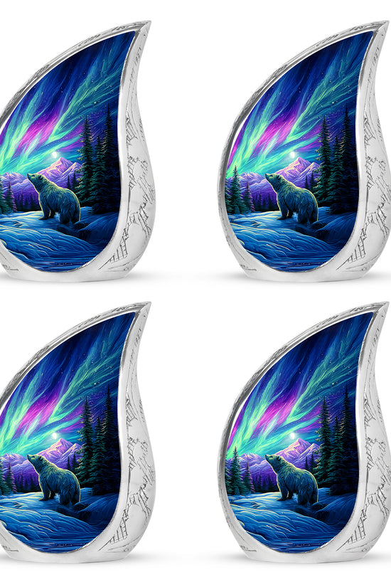 Sapphire Blue Bear Cremation Urn close-up of engraving and surface detail - graceful tear-shaped urn with bear motif - 10 inch aluminum urn for cremated remains
