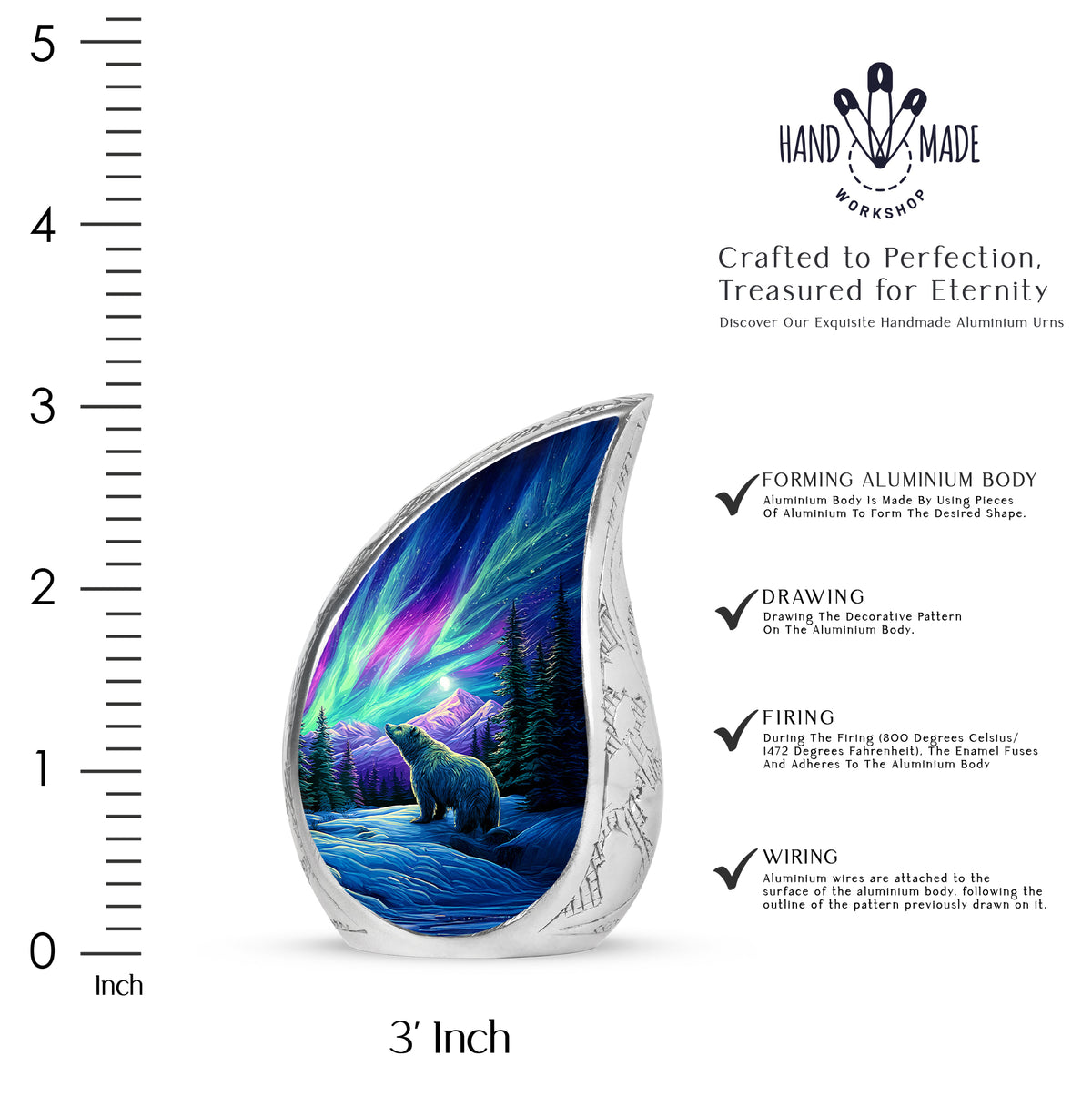 Misty Blue Bear Cremation Urn angled view of lid and engraved motif - rounded teardrop bear design with delicate detail - mini keepsake memorial for portion of cremation ashes