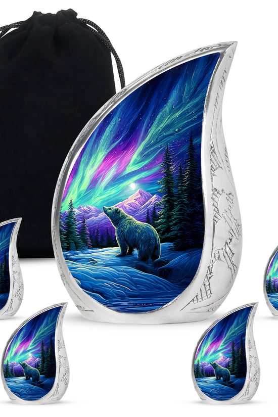 Celestial Blue Bear Cremation Urn side profile showing urn shape - rounded teardrop bear design with delicate detail - memorial set with one large and four small urns