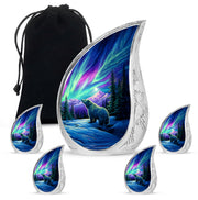 Celestial Blue Bear Cremation Urn side profile showing urn shape - rounded teardrop bear design with delicate detail - memorial set with one large and four small urns