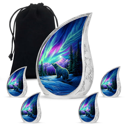 Celestial Blue Bear Cremation Urn side profile showing urn shape - rounded teardrop bear design with delicate detail - memorial set with one large and four small urns