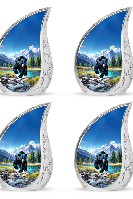 Royal Blue Bear Cremation Urn close-up of engraving and surface detail - graceful tear-shaped urn with bear motif - 10 inch aluminum urn for cremated remains