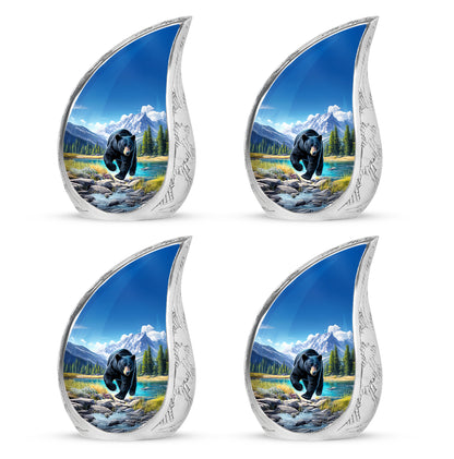 Royal Blue Bear Cremation Urn close-up of engraving and surface detail - graceful tear-shaped urn with bear motif - 10 inch aluminum urn for cremated remains