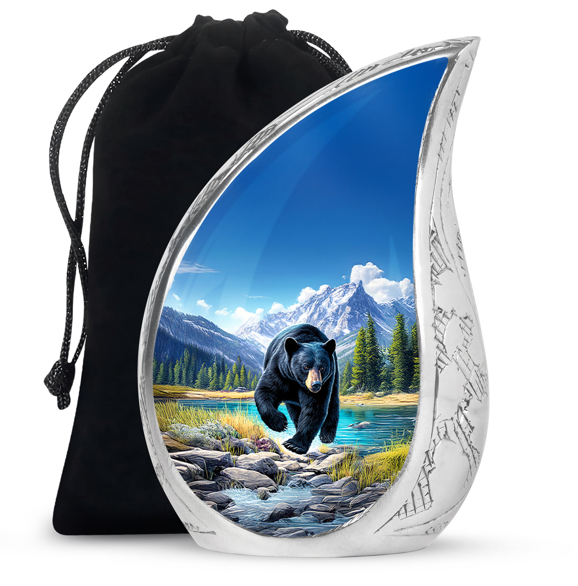 Azure Bear Cremation Urn front view showing detailed design - rounded teardrop bear design with delicate detail - full-size 10 inch 200 cubic inch adult cremation urn