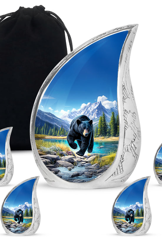Bright Blue Bear Cremation Urn side profile showing urn shape - graceful tear-shaped urn with bear motif - memorial set with one large and four small urns