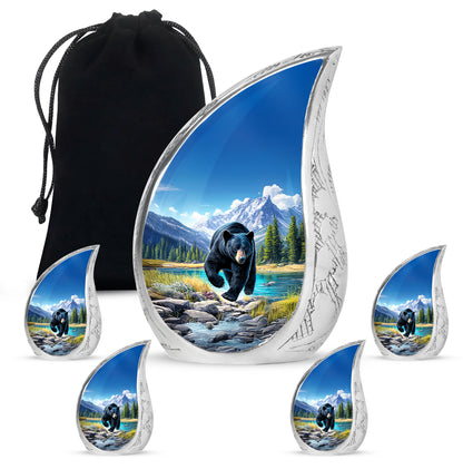Bright Blue Bear Cremation Urn side profile showing urn shape - graceful tear-shaped urn with bear motif - memorial set with one large and four small urns