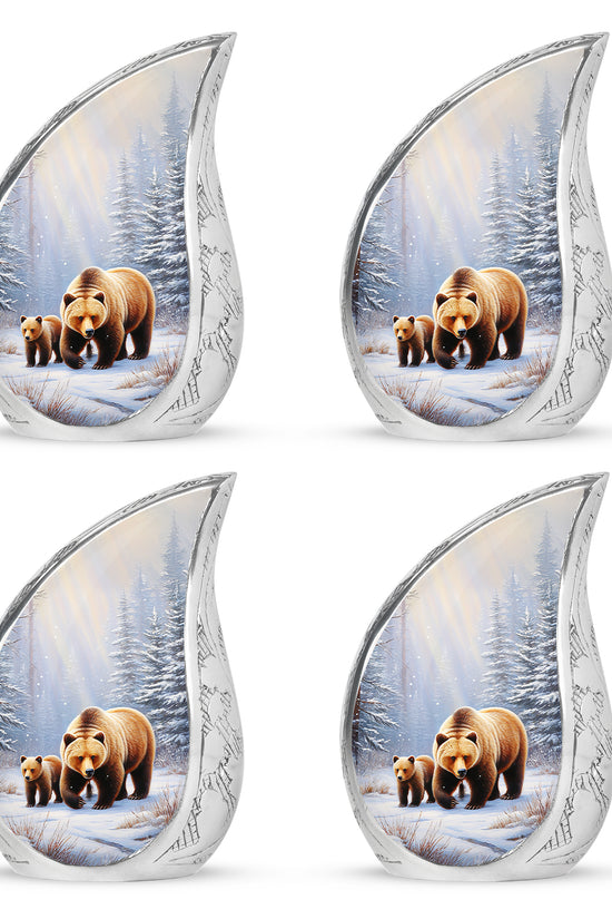 Polished Silver Bear Cremation Urn close-up of engraving and surface detail - smooth teardrop contour featuring bear art - 10 inch aluminum urn for cremated remains