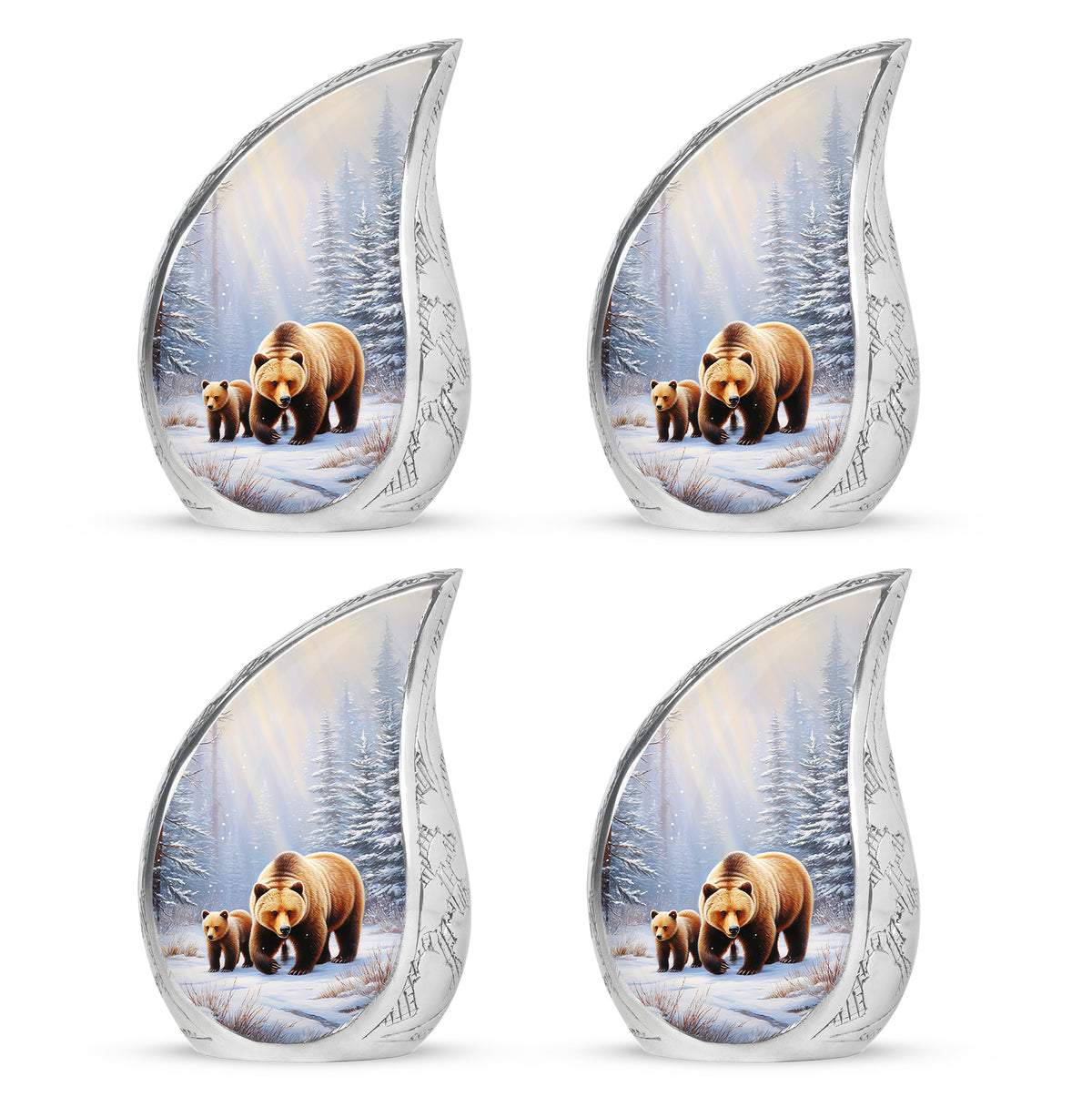 Polished Silver Bear Cremation Urn close-up of engraving and surface detail - smooth teardrop contour featuring bear art - 10 inch aluminum urn for cremated remains