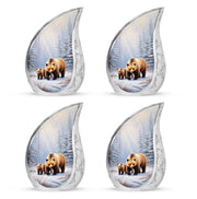 Polished Silver Bear Cremation Urn close-up of engraving and surface detail - smooth teardrop contour featuring bear art - 10 inch aluminum urn for cremated remains