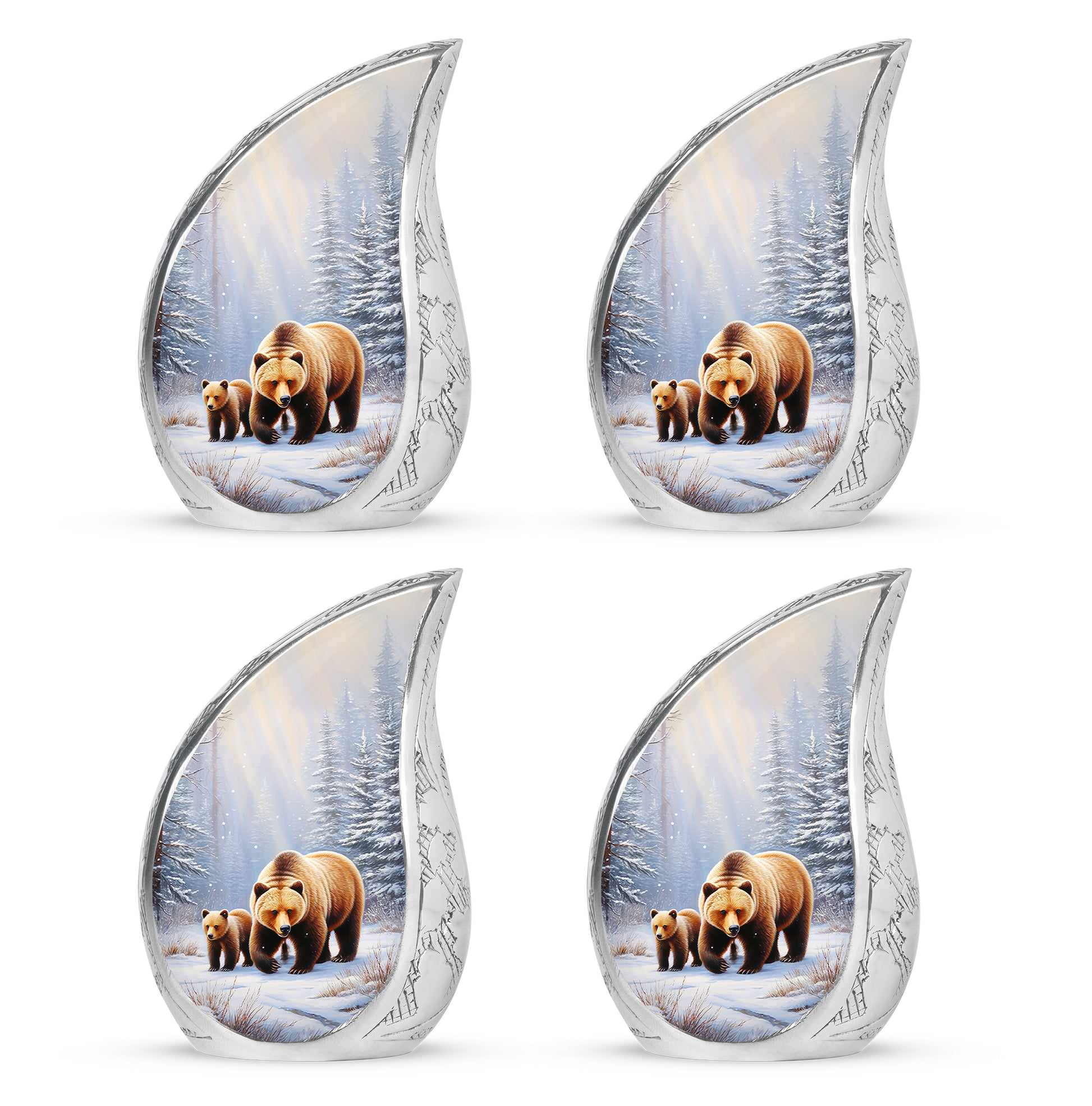 Polished Silver Bear Cremation Urn close-up of engraving and surface detail - smooth teardrop contour featuring bear art - 10 inch aluminum urn for cremated remains