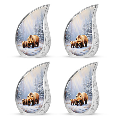 Polished Silver Bear Cremation Urn close-up of engraving and surface detail - smooth teardrop contour featuring bear art - 10 inch aluminum urn for cremated remains