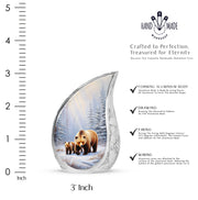 Frosted Silver Bear Cremation Urn angled view of lid and engraved motif - graceful tear-shaped urn with bear motif - mini keepsake memorial for portion of cremation ashes