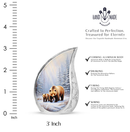 Frosted Silver Bear Cremation Urn angled view of lid and engraved motif - graceful tear-shaped urn with bear motif - mini keepsake memorial for portion of cremation ashes