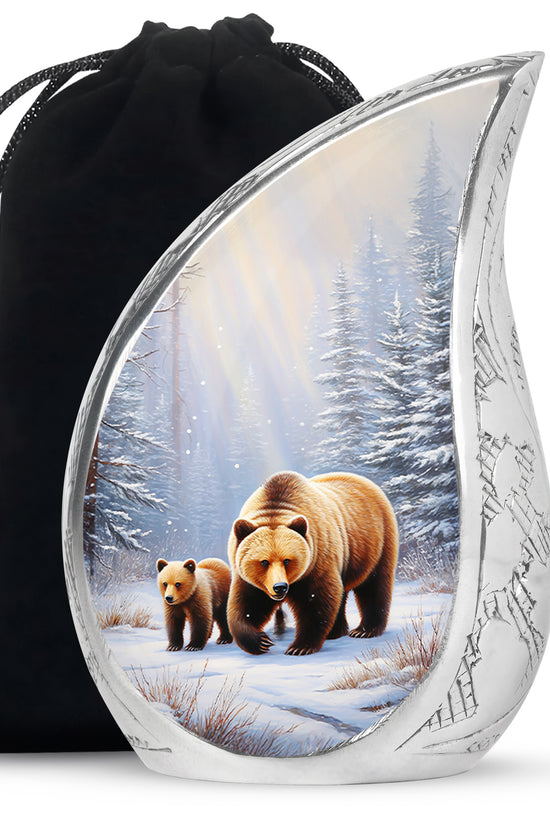 Frosted Silver Bear Cremation Urn front view showing detailed design - graceful tear-shaped urn with bear motif - full-size 10 inch 200 cubic inch adult cremation urn