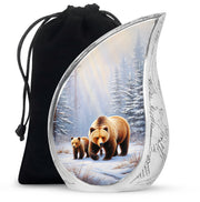 Frosted Silver Bear Cremation Urn front view showing detailed design - graceful tear-shaped urn with bear motif - full-size 10 inch 200 cubic inch adult cremation urn