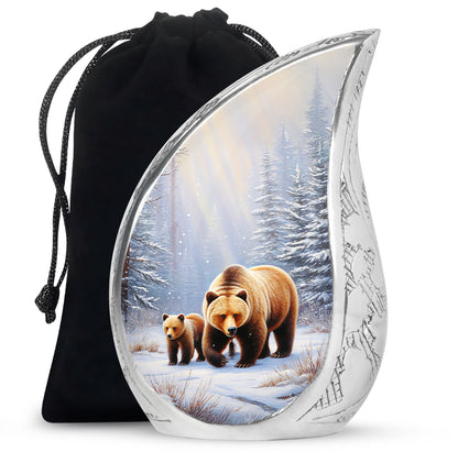 Frosted Silver Bear Cremation Urn front view showing detailed design - graceful tear-shaped urn with bear motif - full-size 10 inch 200 cubic inch adult cremation urn