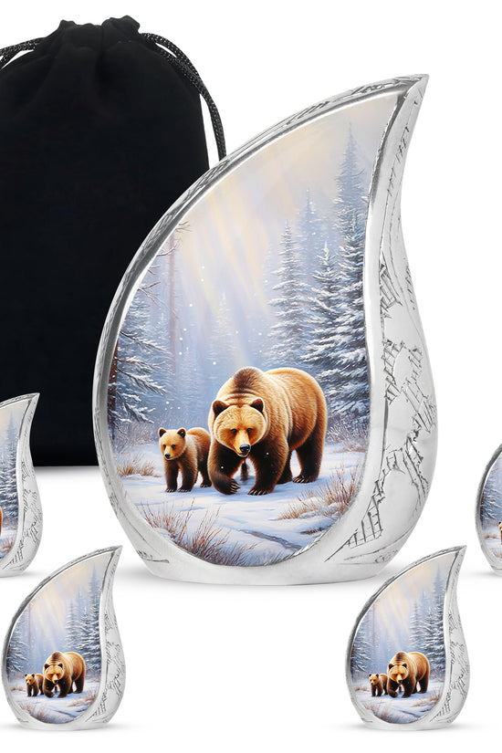 Frosted Silver Bear Cremation Urn side profile showing urn shape - graceful tear-shaped urn with bear motif - memorial set with one large and four small urns
