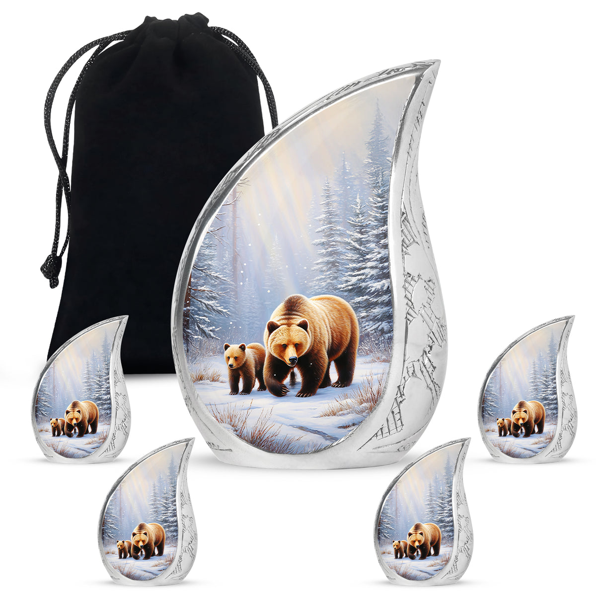 Frosted Silver Bear Cremation Urn side profile showing urn shape - graceful tear-shaped urn with bear motif - memorial set with one large and four small urns