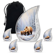 Frosted Silver Bear Cremation Urn side profile showing urn shape - graceful tear-shaped urn with bear motif - memorial set with one large and four small urns