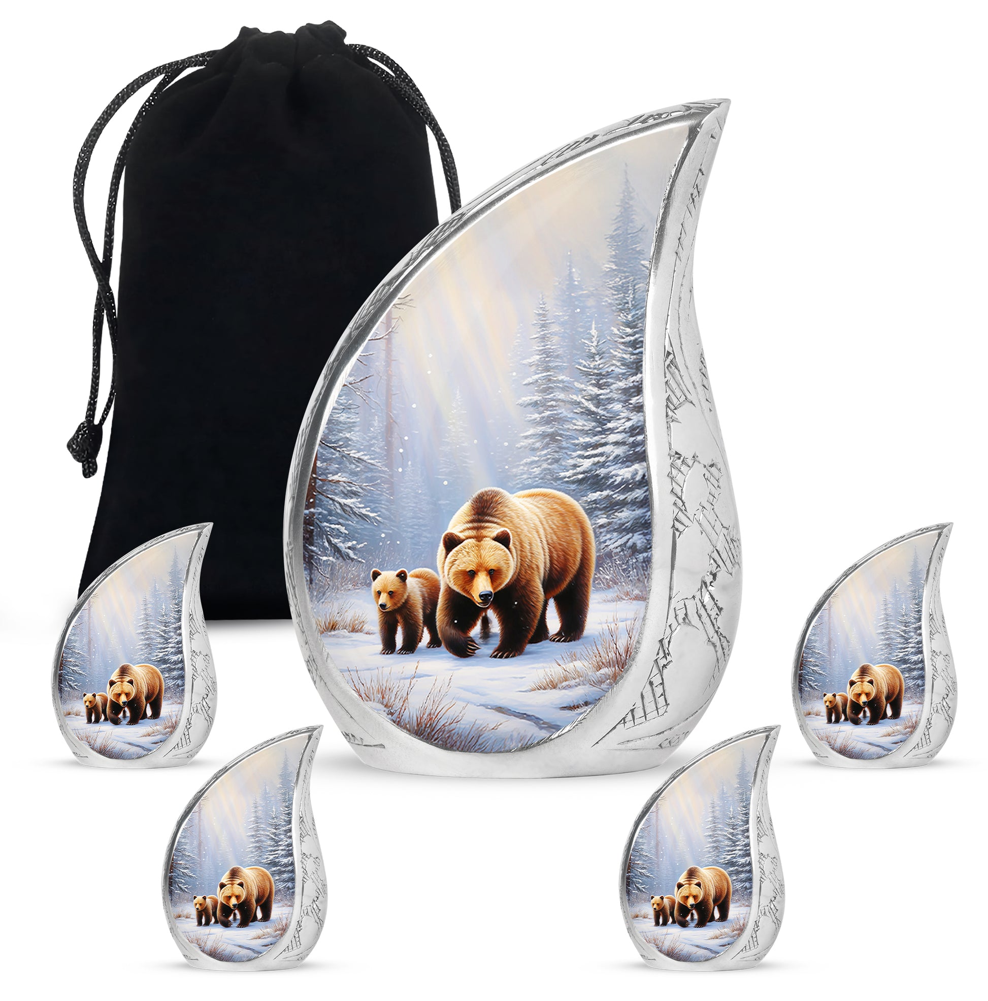 Frosted Silver Bear Cremation Urn side profile showing urn shape - graceful tear-shaped urn with bear motif - memorial set with one large and four small urns