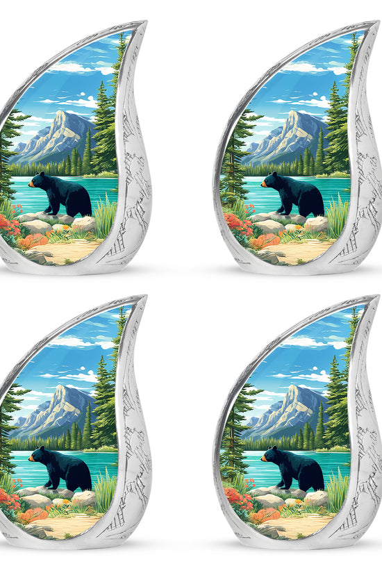 Misty Blue Bear Cremation Urn close-up of engraving and surface detail - flowing teardrop bear silhouette on curved aluminum - 10 inch aluminum urn for cremated remains