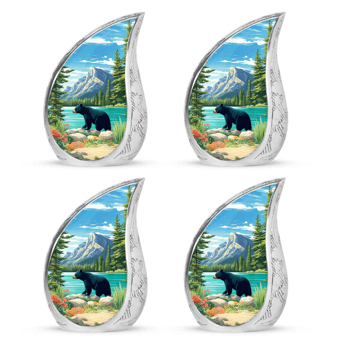 Misty Blue Bear Cremation Urn close-up of engraving and surface detail - flowing teardrop bear silhouette on curved aluminum - 10 inch aluminum urn for cremated remains