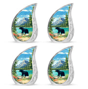 Misty Blue Bear Cremation Urn close-up of engraving and surface detail - flowing teardrop bear silhouette on curved aluminum - 10 inch aluminum urn for cremated remains