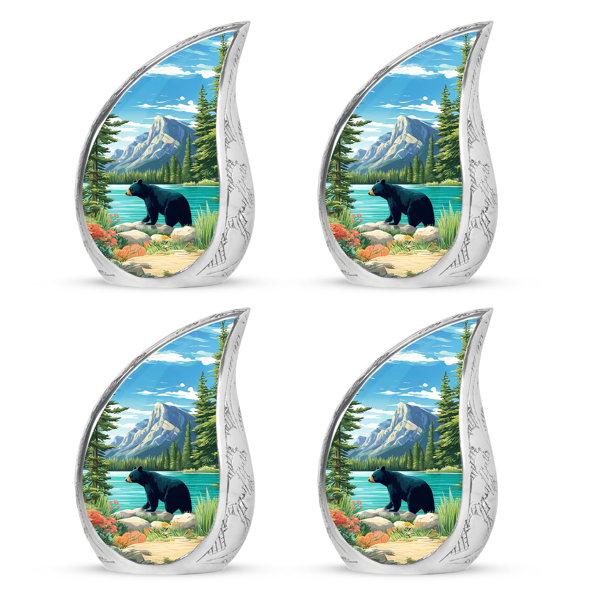 Misty Blue Bear Cremation Urn close-up of engraving and surface detail - flowing teardrop bear silhouette on curved aluminum - 10 inch aluminum urn for cremated remains