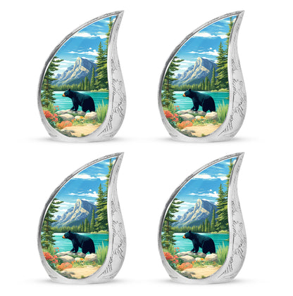 Misty Blue Bear Cremation Urn close-up of engraving and surface detail - flowing teardrop bear silhouette on curved aluminum - 10 inch aluminum urn for cremated remains