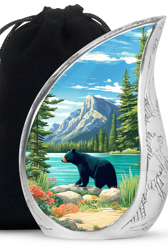 Slate Blue Bear Cremation Urn front view showing detailed design - flowing teardrop bear silhouette on curved aluminum - full-size 10 inch 200 cubic inch adult cremation urn