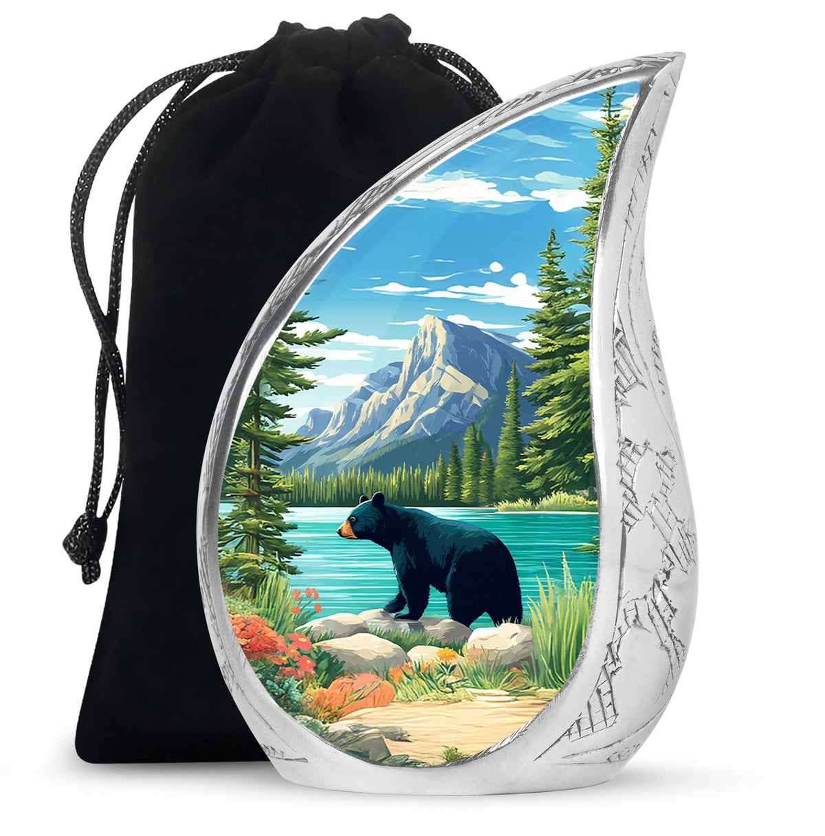 Slate Blue Bear Cremation Urn front view showing detailed design - flowing teardrop bear silhouette on curved aluminum - full-size 10 inch 200 cubic inch adult cremation urn