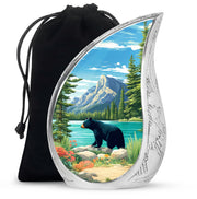 Slate Blue Bear Cremation Urn front view showing detailed design - flowing teardrop bear silhouette on curved aluminum - full-size 10 inch 200 cubic inch adult cremation urn