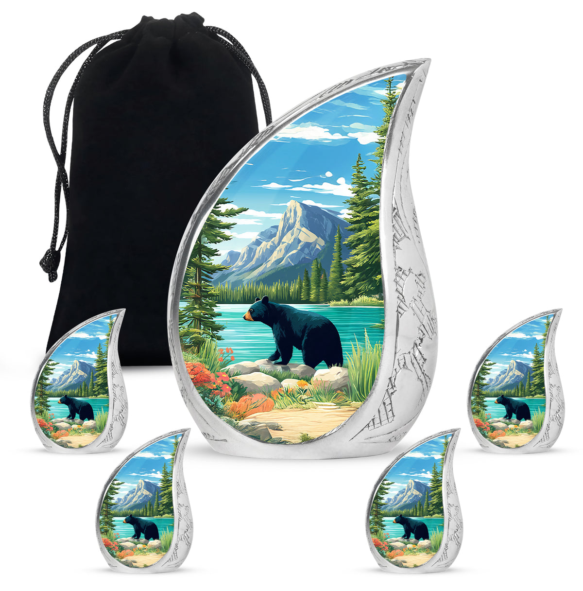Misty Blue Bear Cremation Urn side profile showing urn shape - flowing teardrop bear silhouette on curved aluminum - memorial set with one large and four small urns