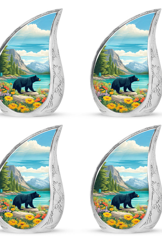 Deep Teal Bear Cremation Urn close-up of engraving and surface detail - smooth teardrop contour featuring bear art - 10 inch aluminum urn for cremated remains