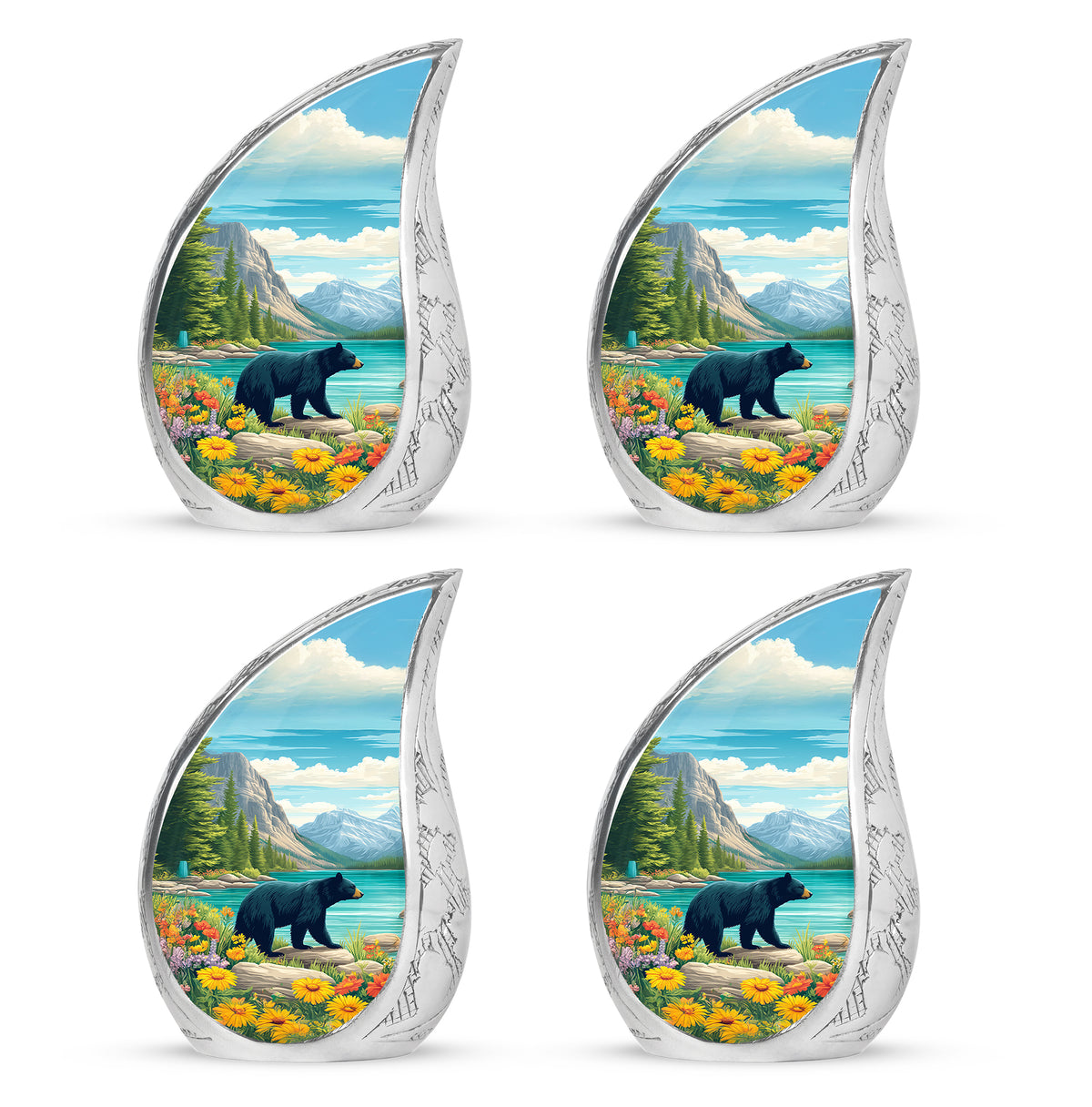 Deep Teal Bear Cremation Urn close-up of engraving and surface detail - smooth teardrop contour featuring bear art - 10 inch aluminum urn for cremated remains
