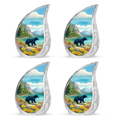 Deep Teal Bear Cremation Urn close-up of engraving and surface detail - smooth teardrop contour featuring bear art - 10 inch aluminum urn for cremated remains