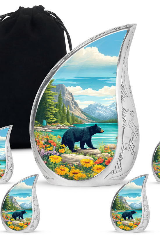 Sea Green Teal Bear Cremation Urn side profile showing urn shape - flowing teardrop bear silhouette on curved aluminum - memorial set with one large and four small urns